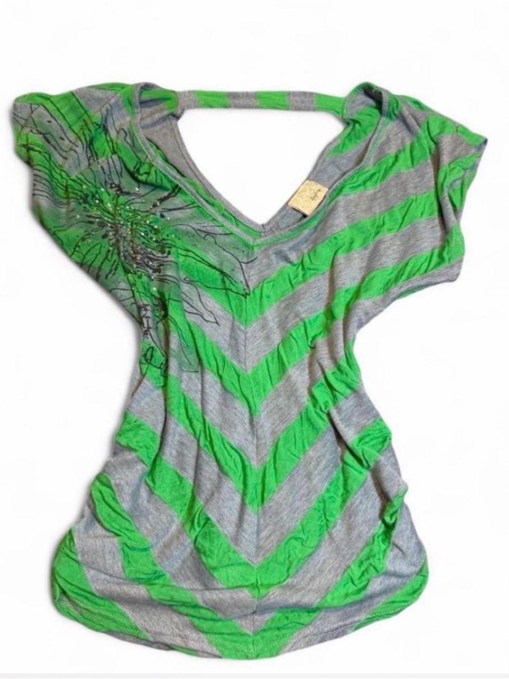 Daytrip Chevron Stripe V‑Neck Top in Green and Gray